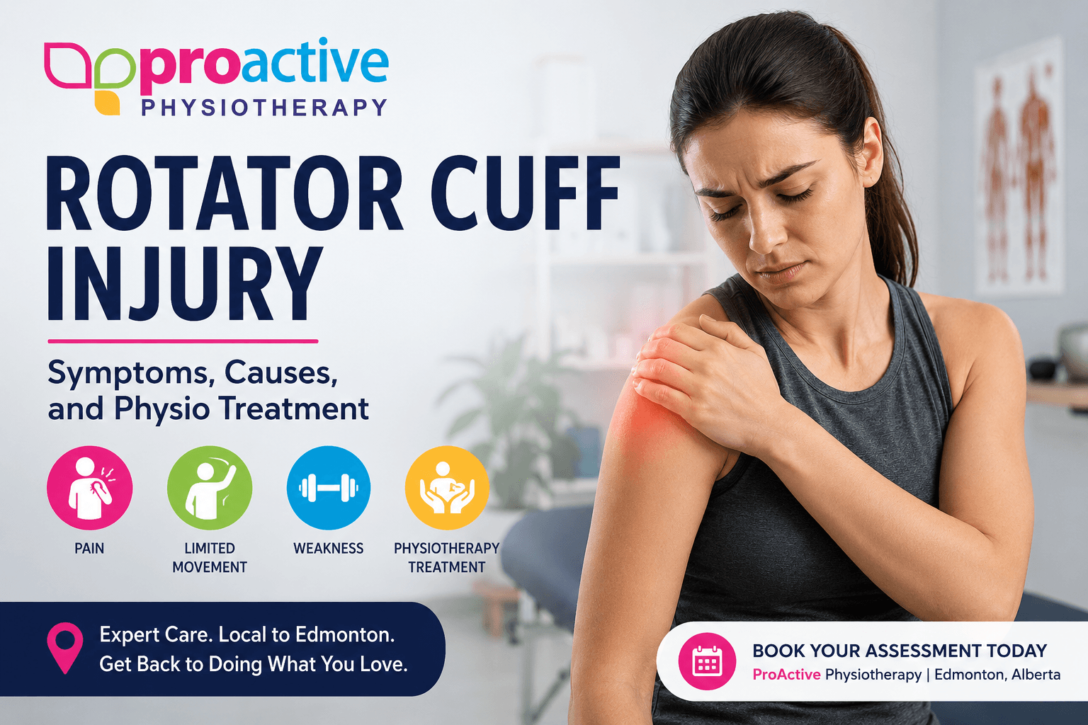 Rotator cuff injury physiotherapy blog image showing shoulder pain, limited movement, weakness, and treatment support from ProActive Physiotherapy in Edmonton.